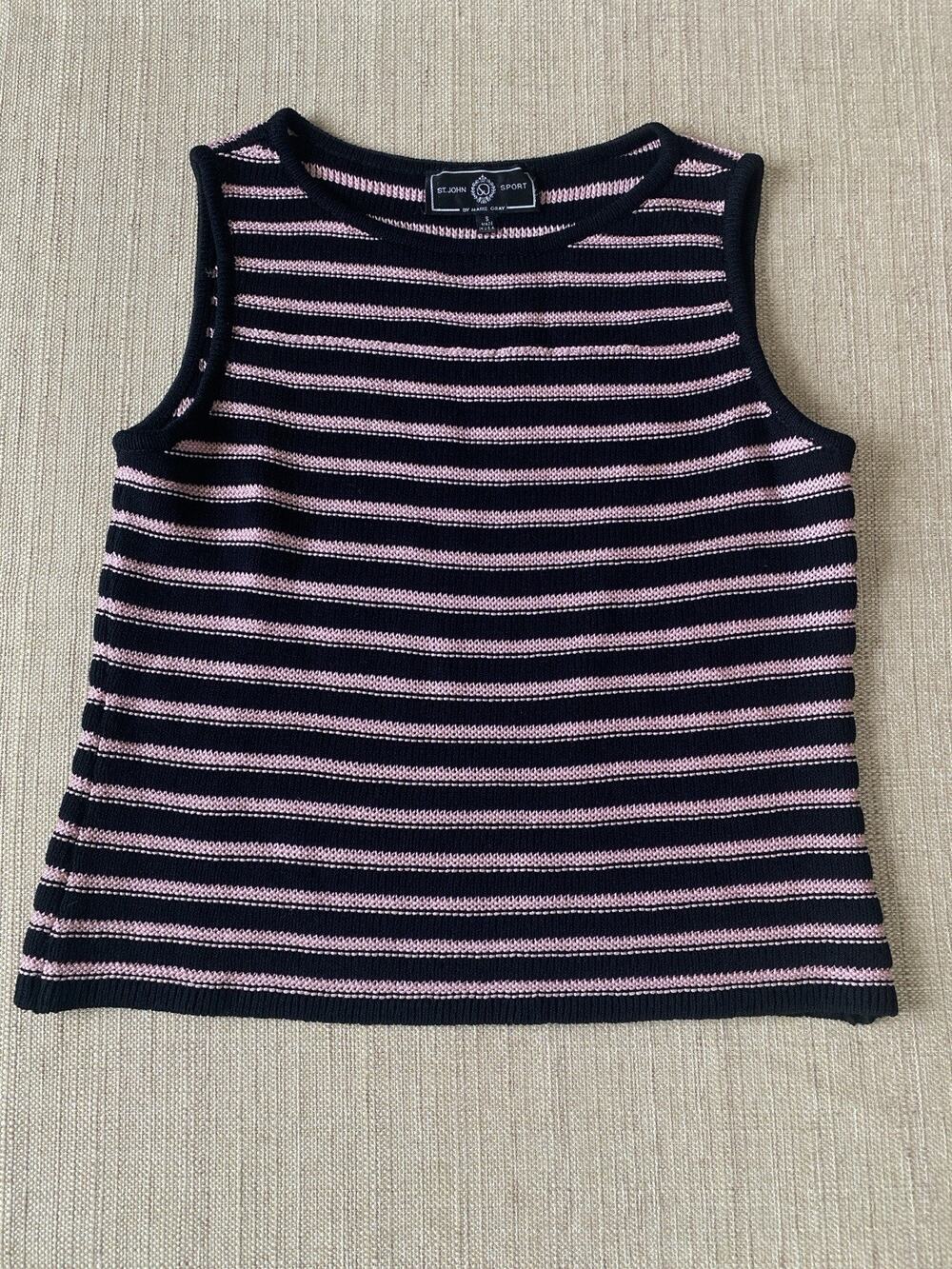 Vintage St. John Sport by Marie Gray Striped Knit Tank Top Pink Black S
